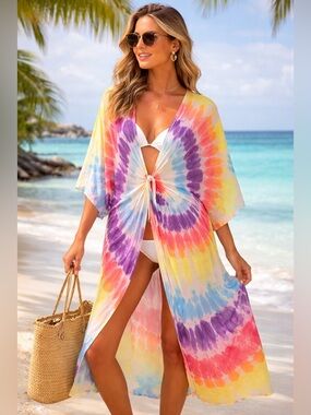 Surf Gypsy Tie-Dye Kaftan Cover-Up One Size Rayon Boho Open Front